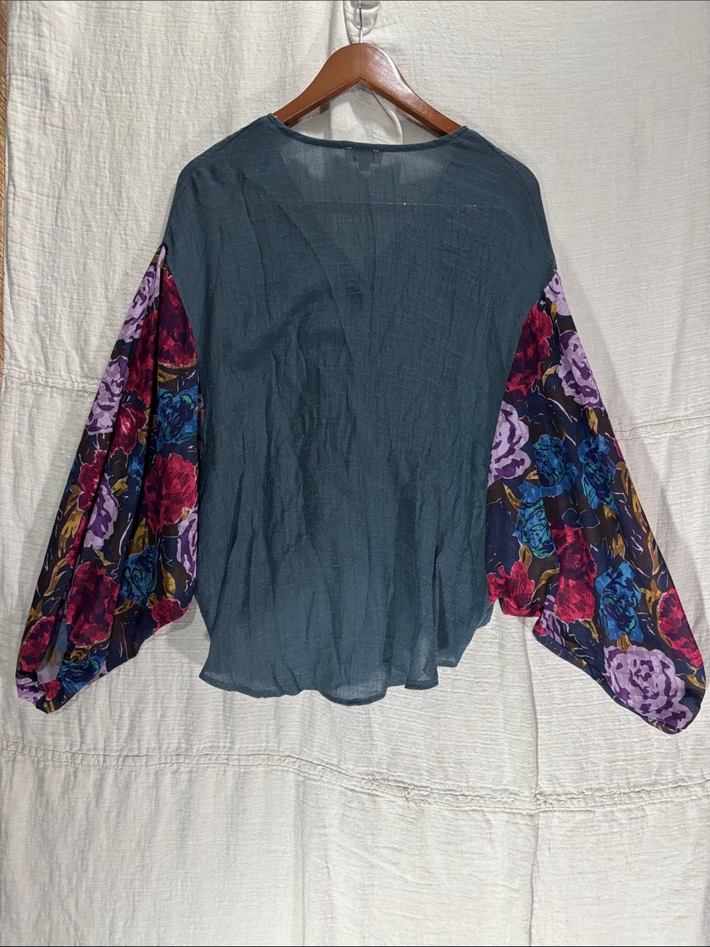 Umgee Teal Boho Wrap Blouse with Sheer Multicolor Floral Balloon Sleeves Small - Picture 7 of 9